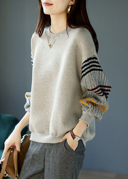 Lazy Grey O-neck Striped Knit Patchwork Cotton Sweatshirt Long Sleeve
