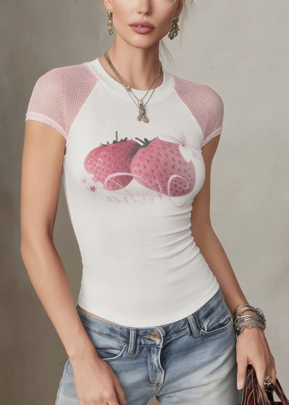 White O Neck Patchwork Cotton T Shirt Summer