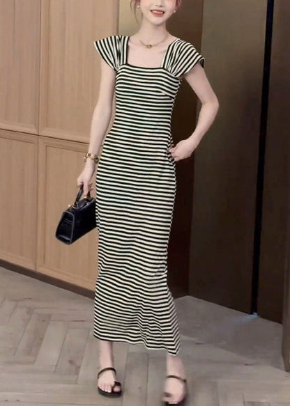 Slim Fit Square Collar Striped Pockets Cotton Long Dresses Summer