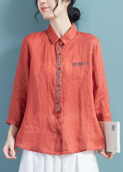 Brick Red Peter Pan Collar Print Ramie Top Long Sleeve
