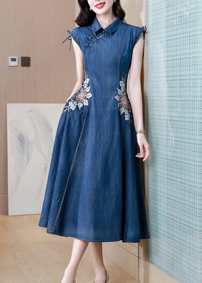 Blue Embroideried Pockets Patchwork Denim Dresses Summer