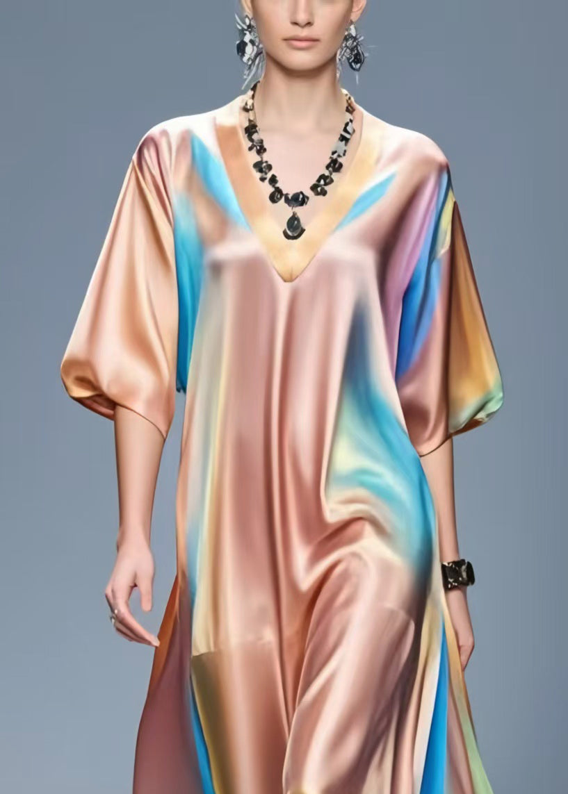 V Neck Tie Dye Silk Vacation Dresses Half Sleeve Summer