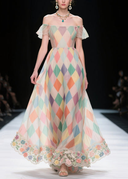 Multicolour Plaid Patchwork Lace Chiffon Strapless Dress Summer