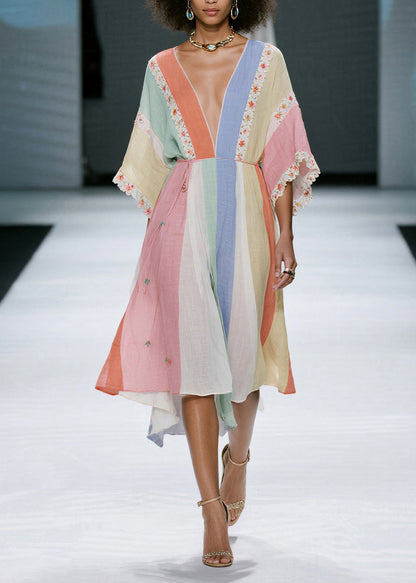 Colorblock V Neck Cotton Dress Summer