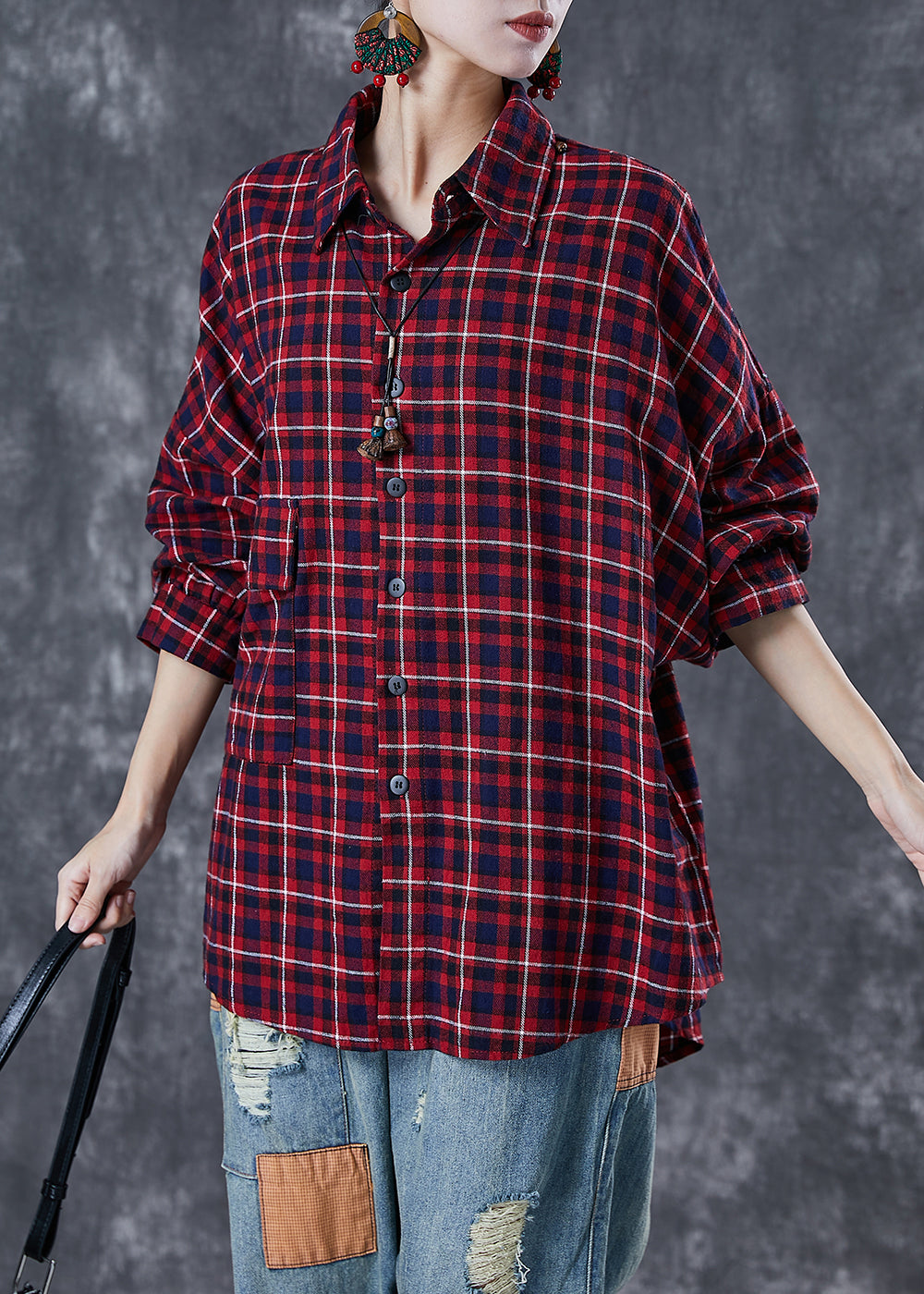 Red Oversized Plaid Cotton Shirt Tops Fall
