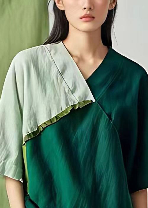 Green V Neck Asymmetrical Cotton T Shirt Half Sleeve