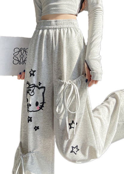 Light Grey Elastic Waist Print Pockets Cotton Pants Fall