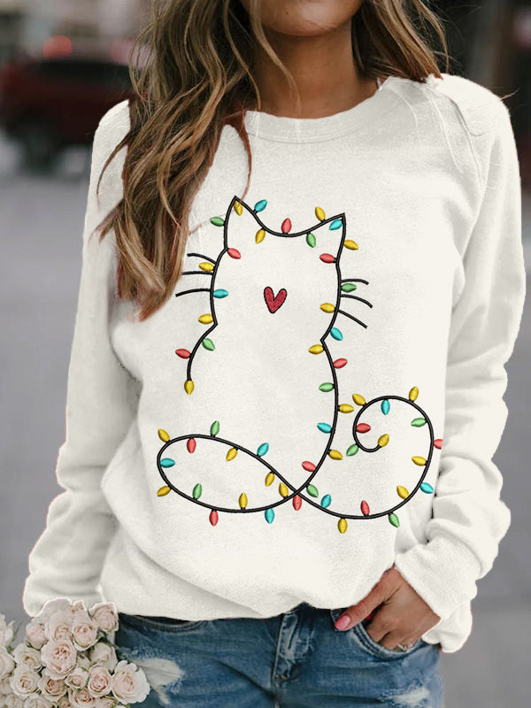 Vintage Cute Christmas Light Cat Embroidered Cozy Sweatshirt elevenforest