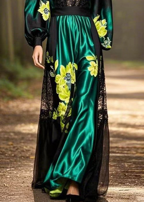 Black Print Pockets Patchwork Silk Long Dresses Spring
