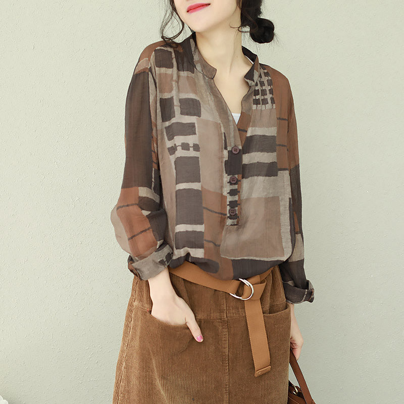 French V Neck Chiffon Shirts Photography Brown Plaid Box Shirt