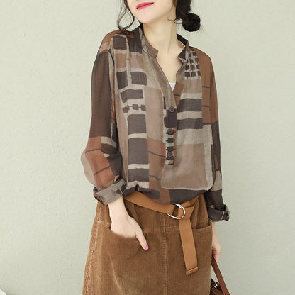 French V Neck Chiffon Shirts Photography Brown Plaid Box Shirt