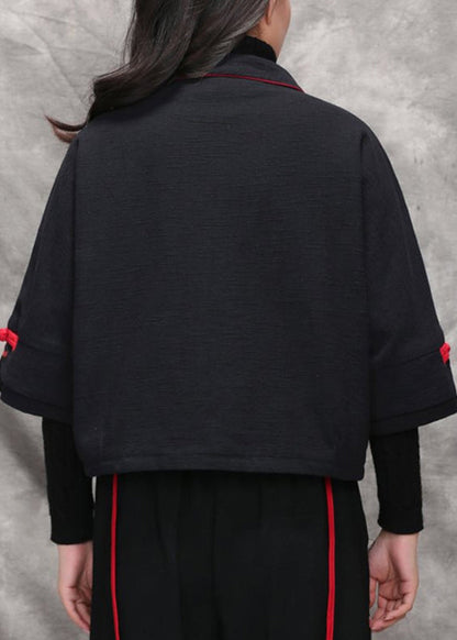 Black Peter Pan Collar Embroideried Coats Long Sleeve