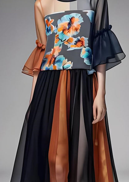 Colorblock Ruffled Organza Patchwork Chiffon Dresses Summer