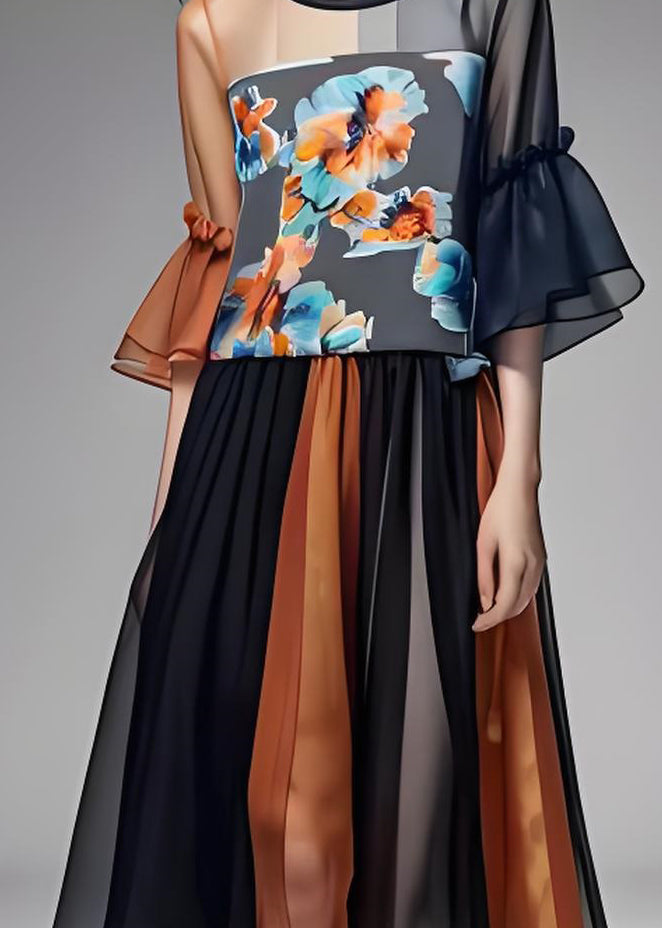 Colorblock Ruffled Organza Patchwork Chiffon Dresses Summer