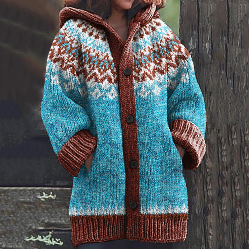 Vintage Icelandic Geometry Pattern Knit Cozy Hooded Cardigan elevenforest
