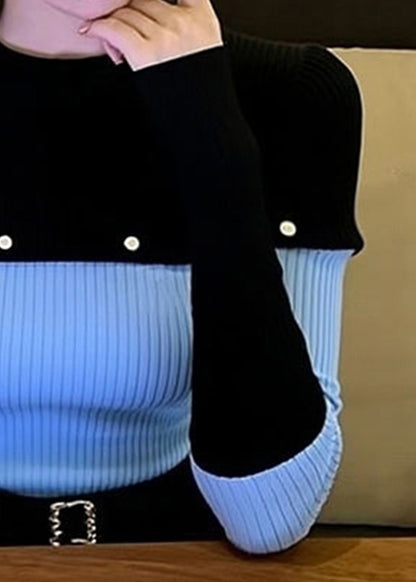 Slim Fit Blue O-neck Patchwork Knit Sweater Spring