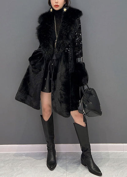 Black Fur Collar Sequins Patchwork Pockets Leather and Fur Coats Winter