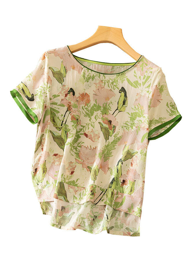 Green O Neck Print Silk T Shirts Short Sleeve