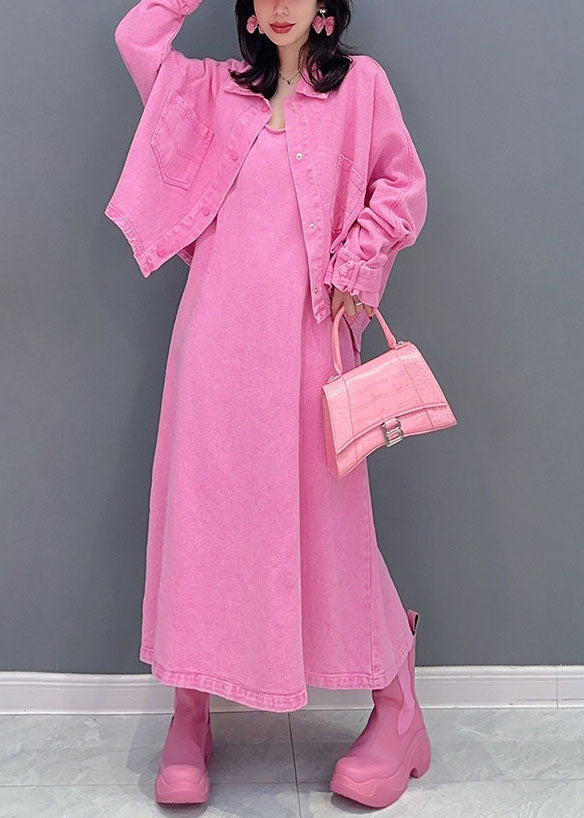 Pink Coats and Dress Denim Two Pieces Set Spring