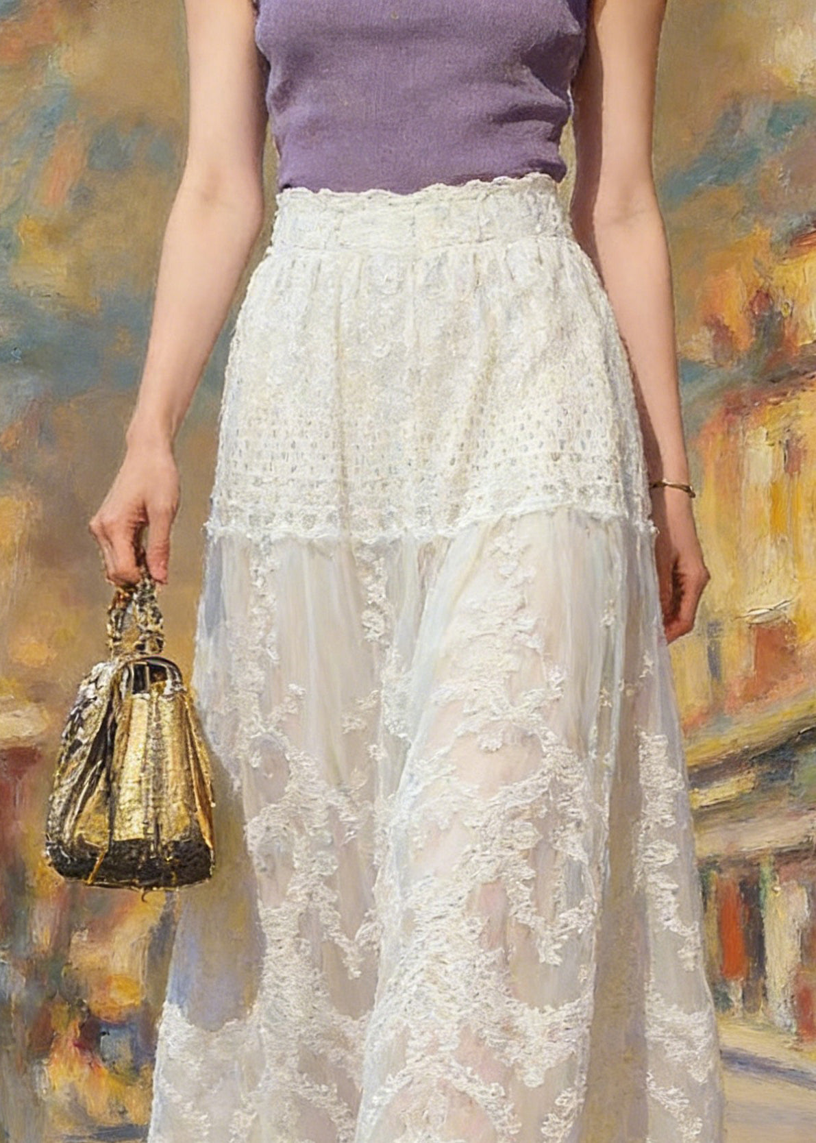 Classy Apricot Patchwork Elastic Waist Lace a Line Skirt Summer