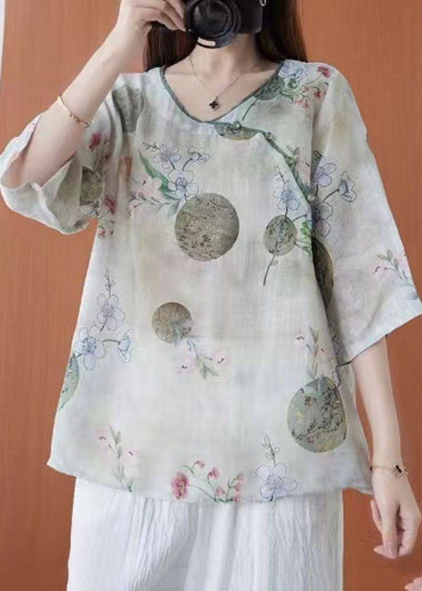 Light Green O-neck Print Linen Blouses Half Sleeve