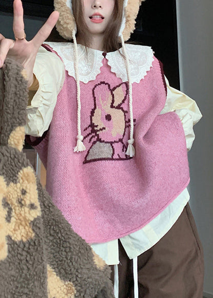 New Pink O-neck Waistcoat and Blouses Cotton Knit Two Pieces Set Fall