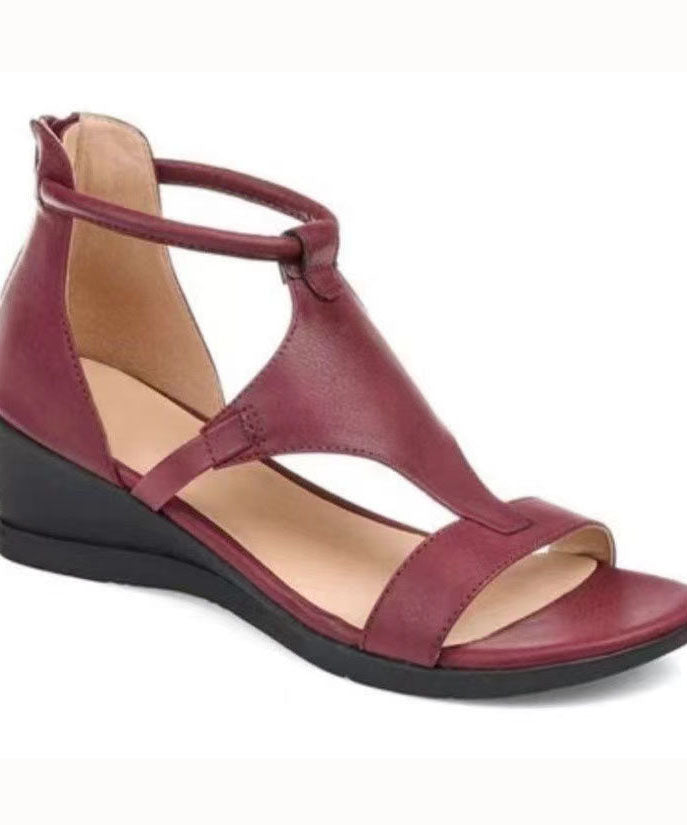 Red Peep Toe Zip Up Splicing Wedge Sandals
