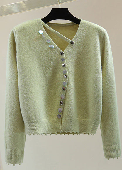 Mulberry V Neck Asymmetrical Sequins Cotton Knit Sweaters Spring