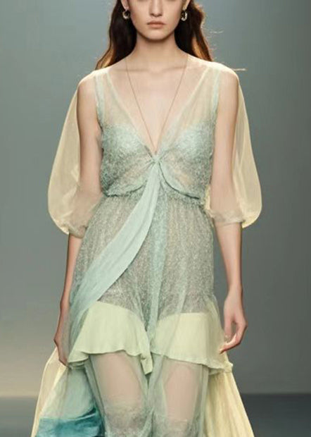 Light Green V Neck Patchwork Silk Holiday Dress Summer