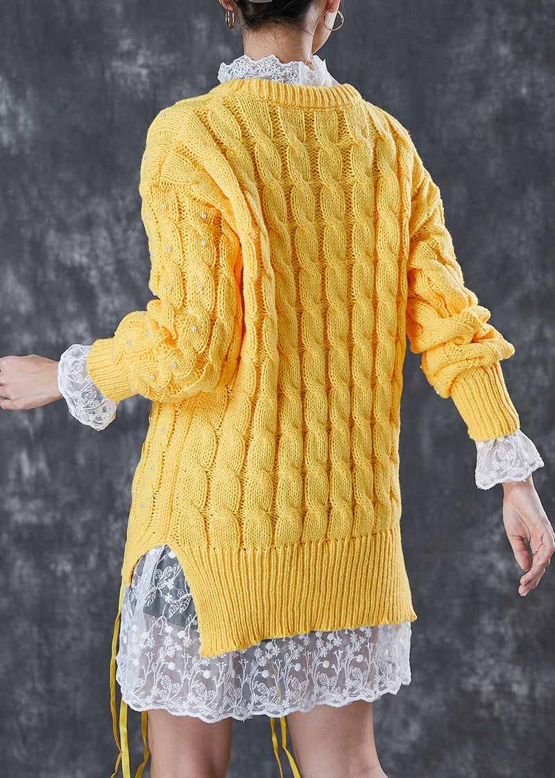 Yellow Nail Bead Side Open Knit Sweaters Winter