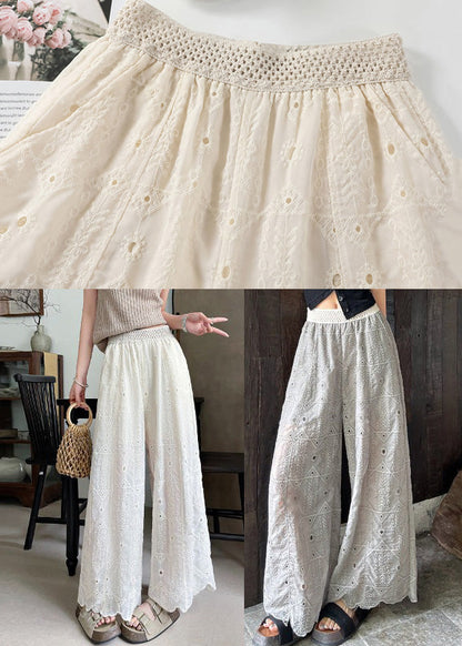 White Embroidered Hollow Out Cotton Pants Summer