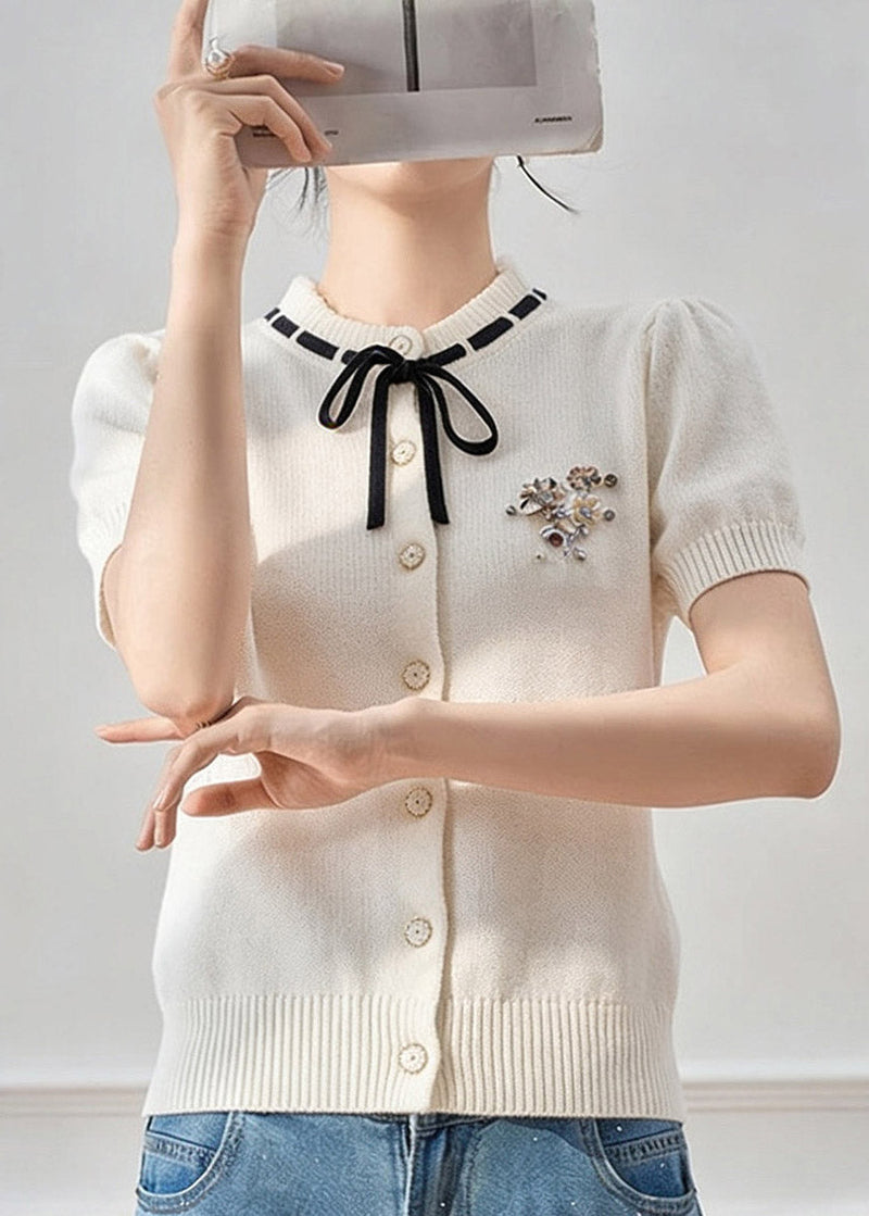 French White Peter Pan Collar Tie Lace Knit Top Short Sleeve