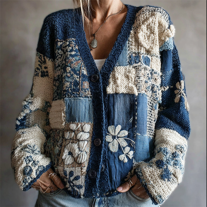 Comstylish Vintage Floral Japanese Sashiko Colorblock Cozy Knit Cardigan