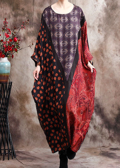 Classy Blue Patchwork Bat Wing Sleeve Silk Dress Spring