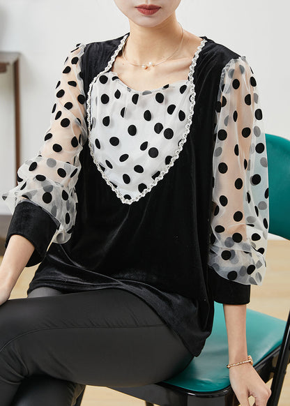 Black Dot Patchwork Velour Fake Two Piece Shirts Spring