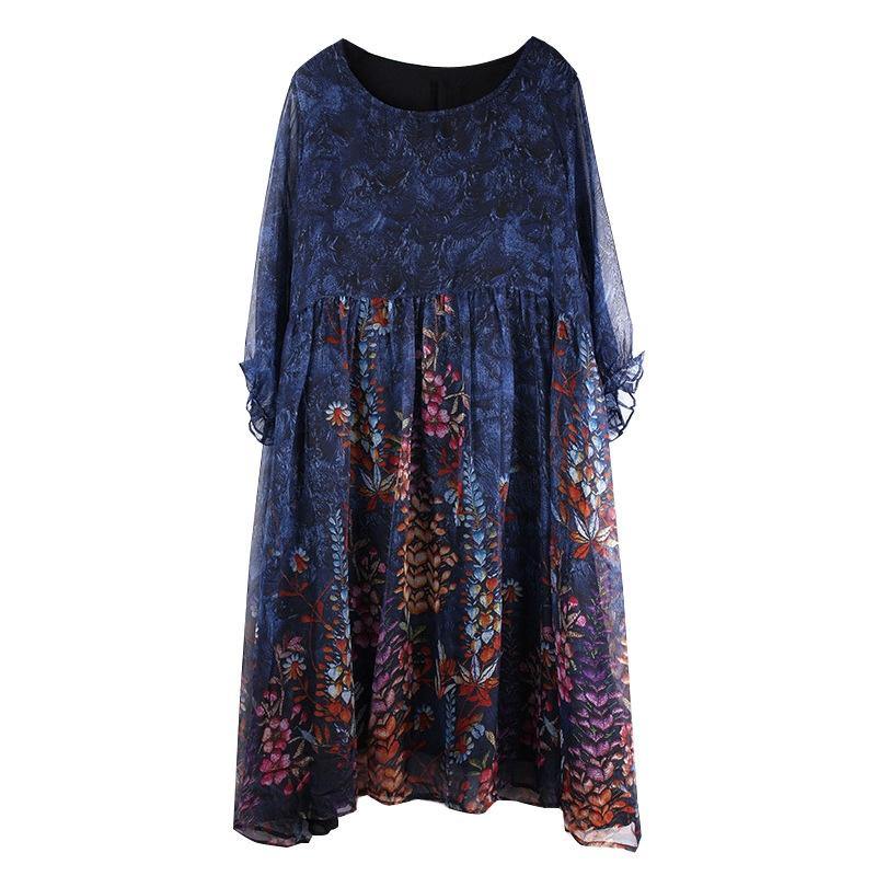 Unique Blue Print Tunic Pattern O Neck Cinched Summer Dresses