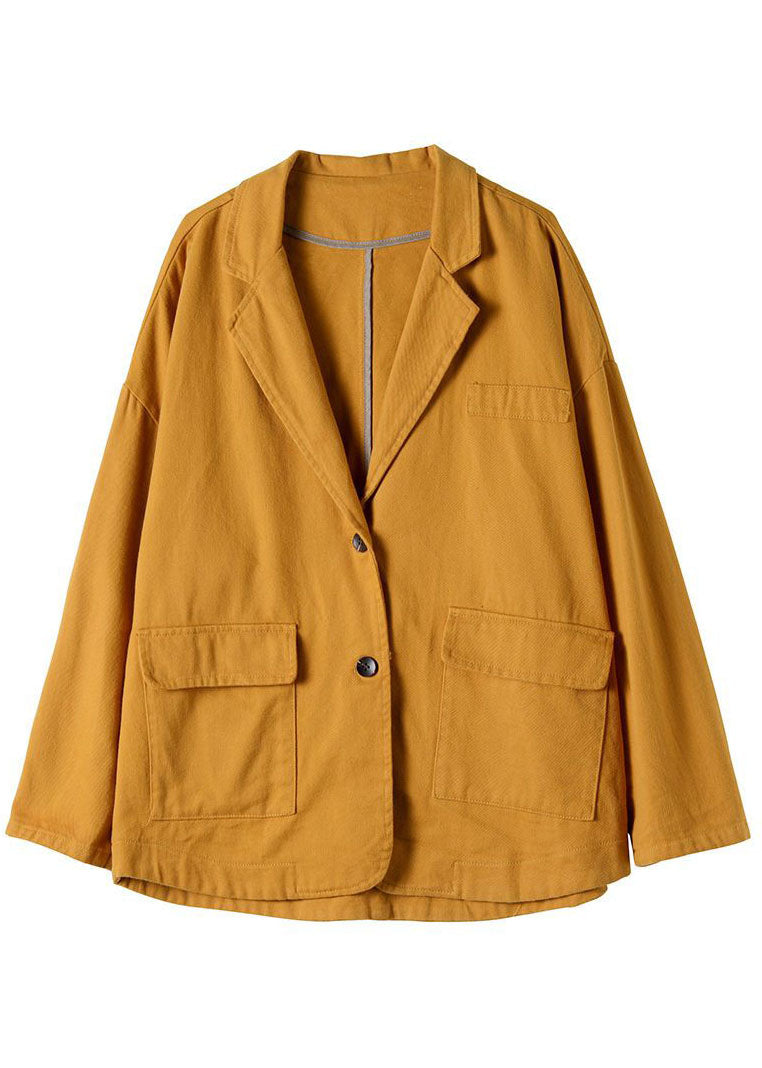 Yellow Notched Pockets Patchwork Cotton Coats Spring