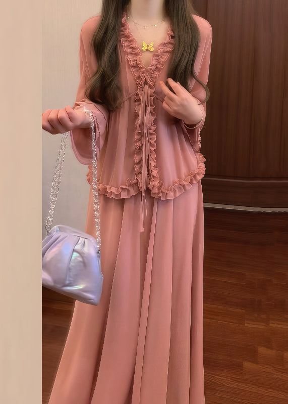 Pink Ruffled Lace Up Shirt and Skirts Chiffon Two Pieces Set Fall