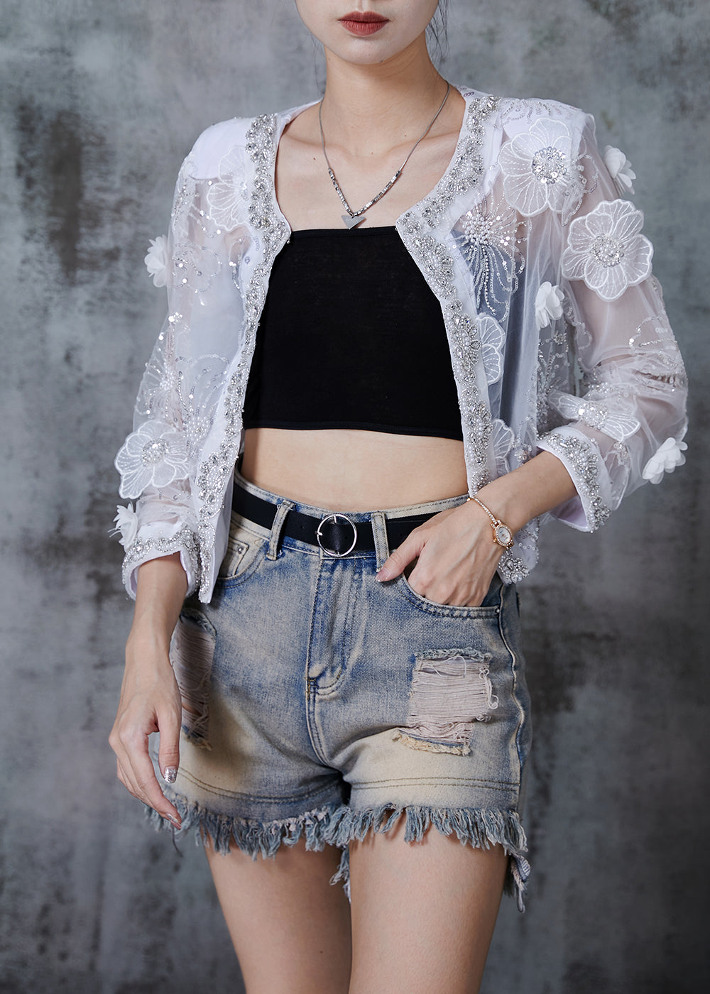 Handmade White Sequins Organza Upf 50+ Cardigan Summer