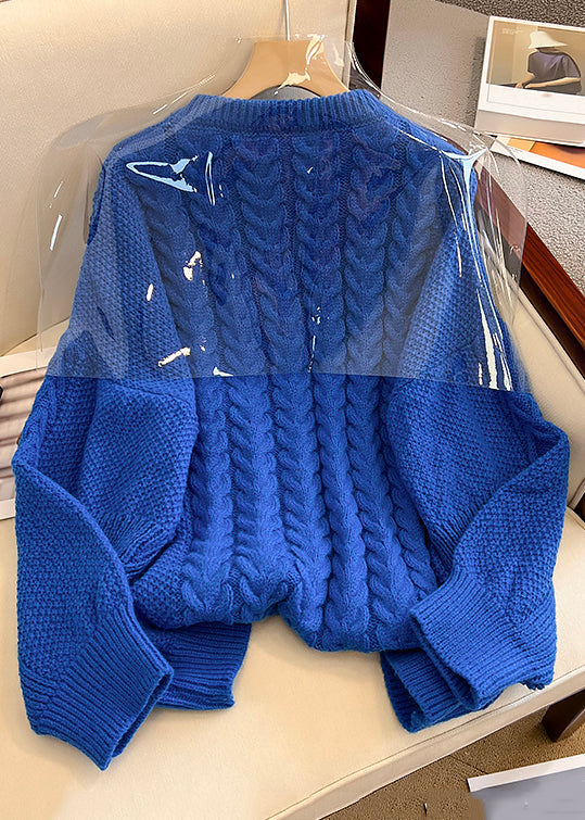 Blue O Neck Nail Bead Knit Sweater Winter