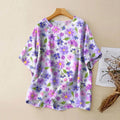 Women's Vintage Floral Print Casual Linen Crew Neck Shirt artswardrobe