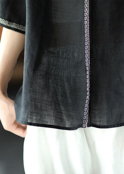 Natural Black O-neck Embroideried Summer Ramie Blouses Half Sleeve