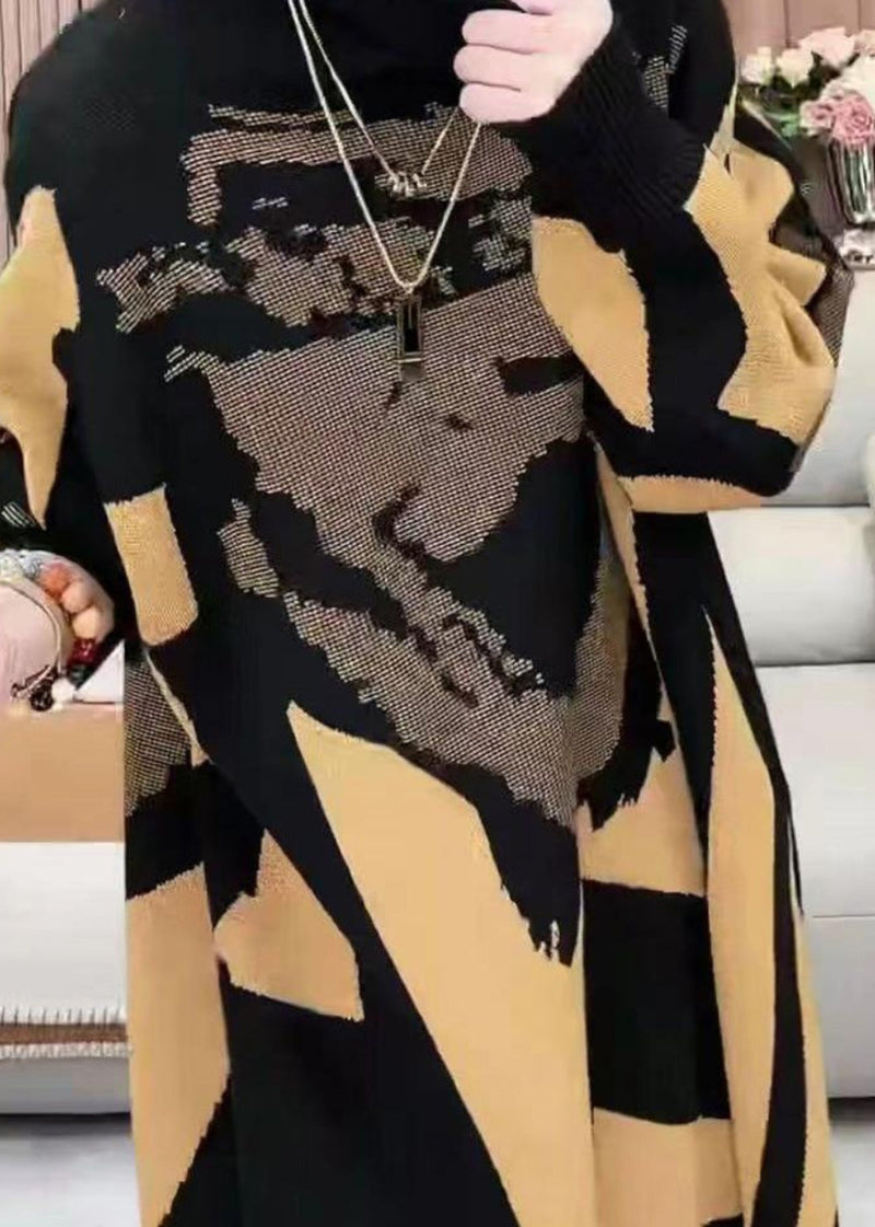 Yellow Turtleneck Print Cotton Knit Long Dress Winter