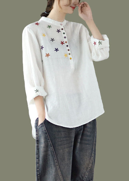 White Stand Collar Embroideried Linen Shirt Spring