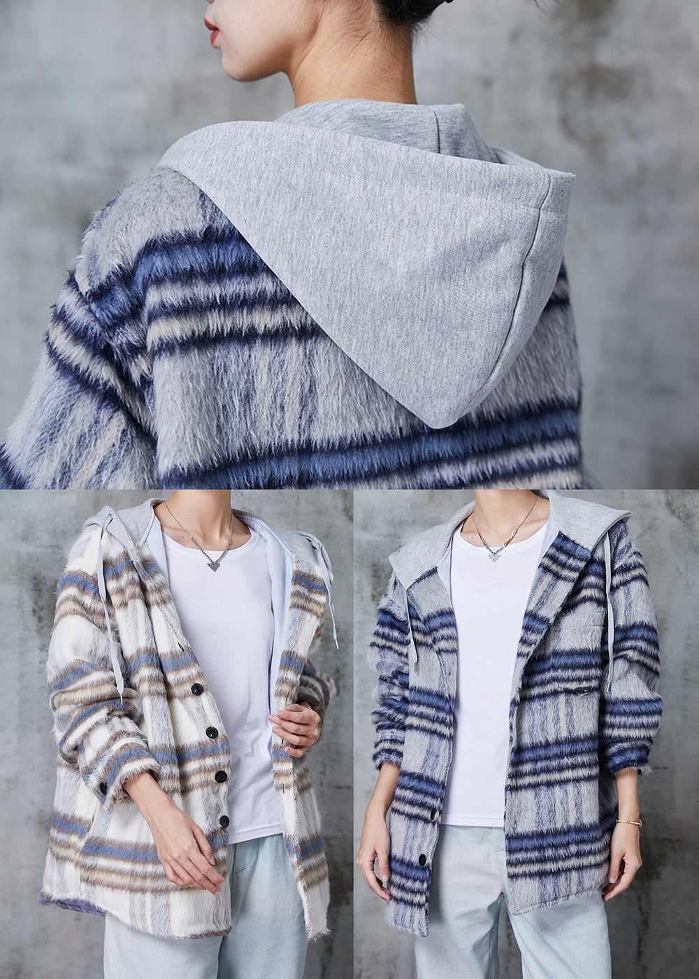 Blue Hooded Plaid Fine Cotton Filled Coat Winter