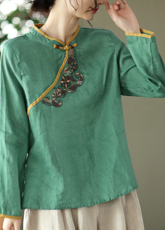 Green Stand Collar Embroideried Button Linen Shirt Long Sleeve