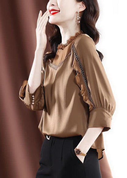 Khaki Ruffles Patchwork Hollow Out Chiffon Shirt Tops Bracelet Sleeve