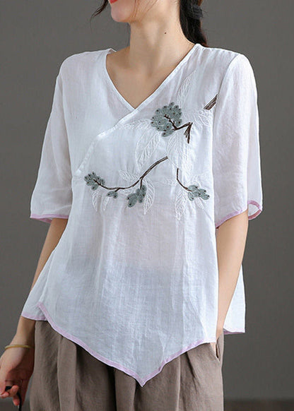 Fine White V Neck Embroideried Linen Top Short Sleeve
