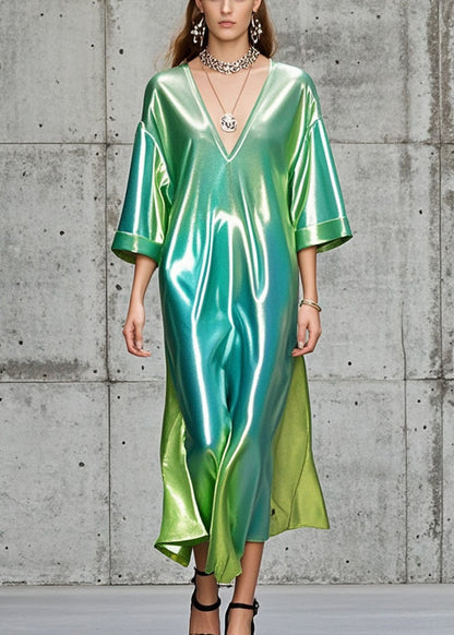 Gradient Color V Neck Side Open Silk Dress Summer