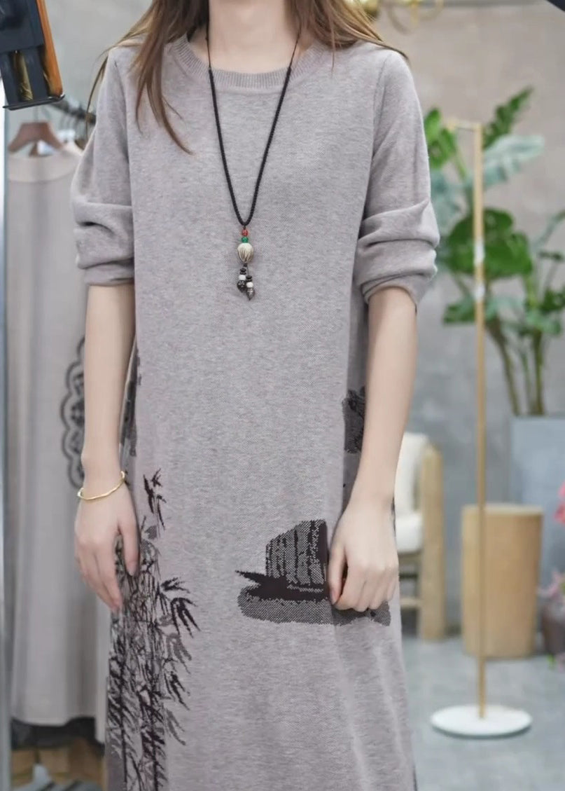 Grey O Neck Print Knit Sweater Dress Winter